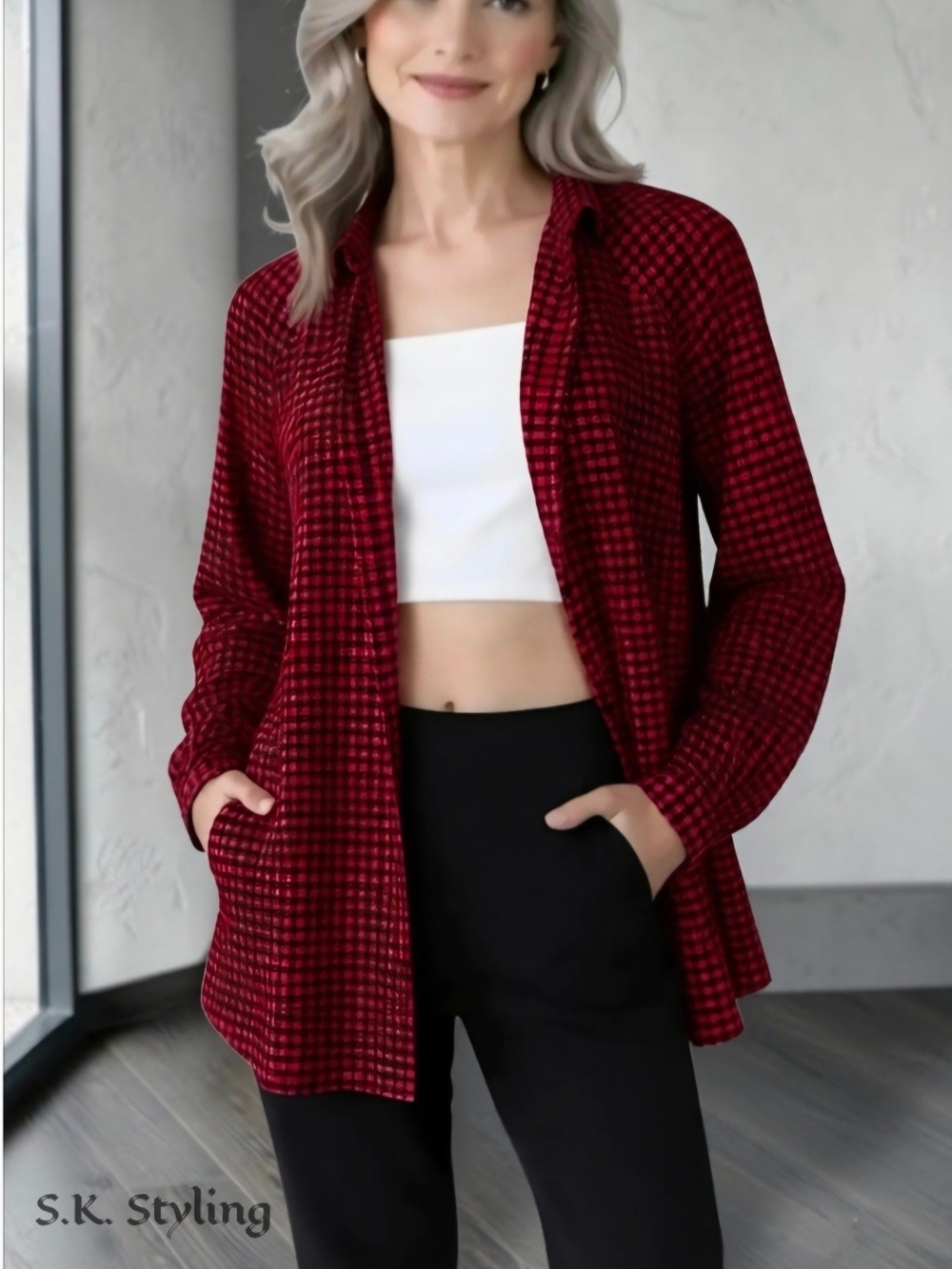 Joan Rivers Red Navy Plaid Flannel Button-up Tunic Shirt with Pockets Large/XL